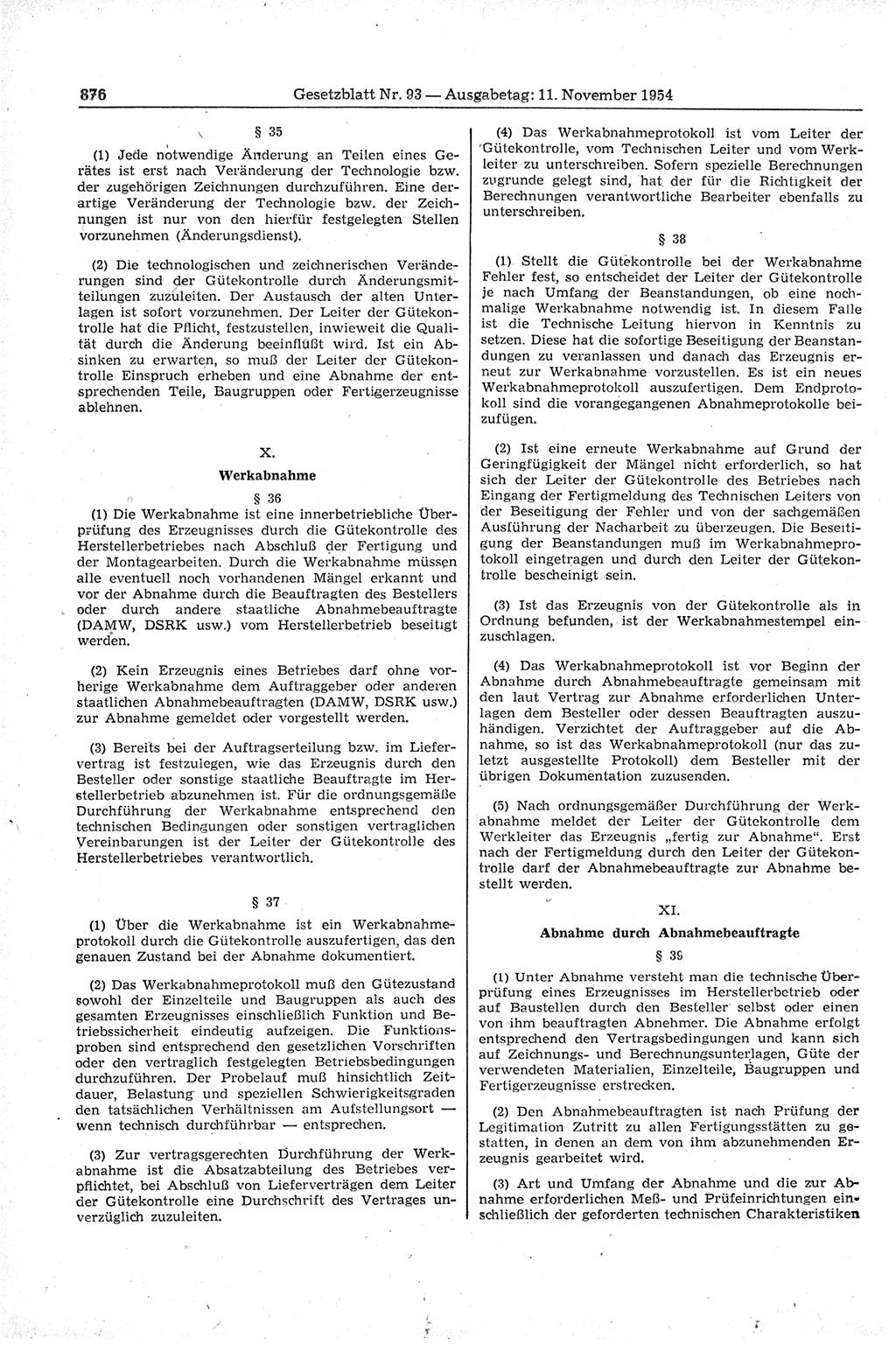 Gesetzblatt (GBl.) der Deutschen Demokratischen Republik (DDR) 1954, Seite 876 (GBl. DDR 1954, S. 876)
