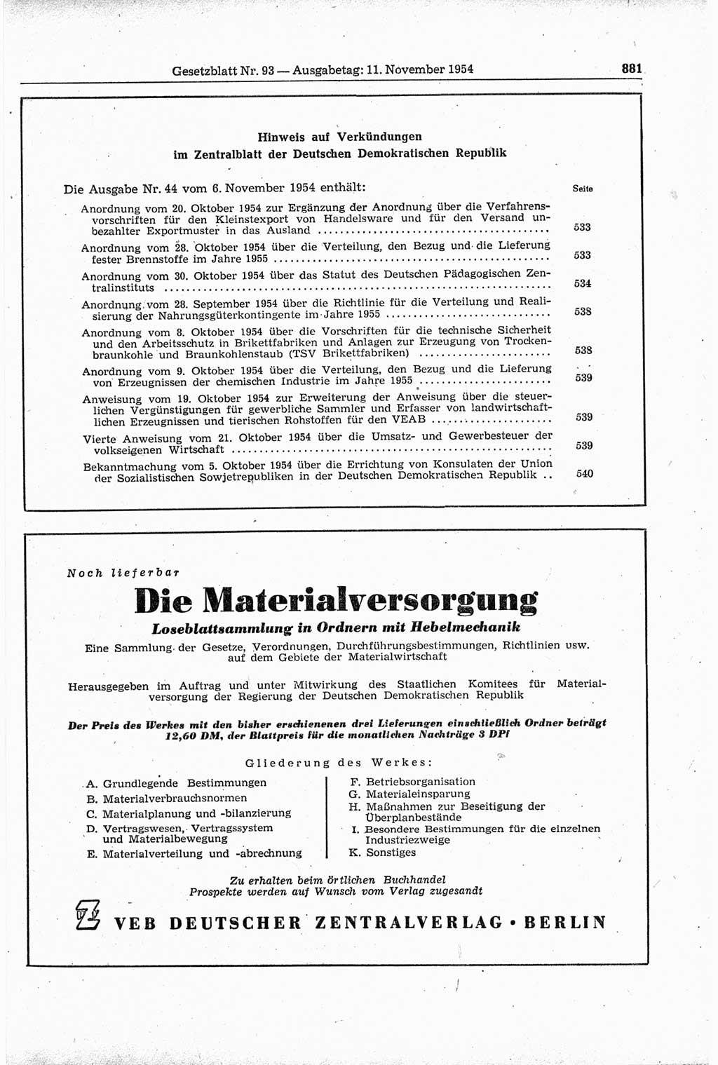 Gesetzblatt (GBl.) der Deutschen Demokratischen Republik (DDR) 1954, Seite 881 (GBl. DDR 1954, S. 881)