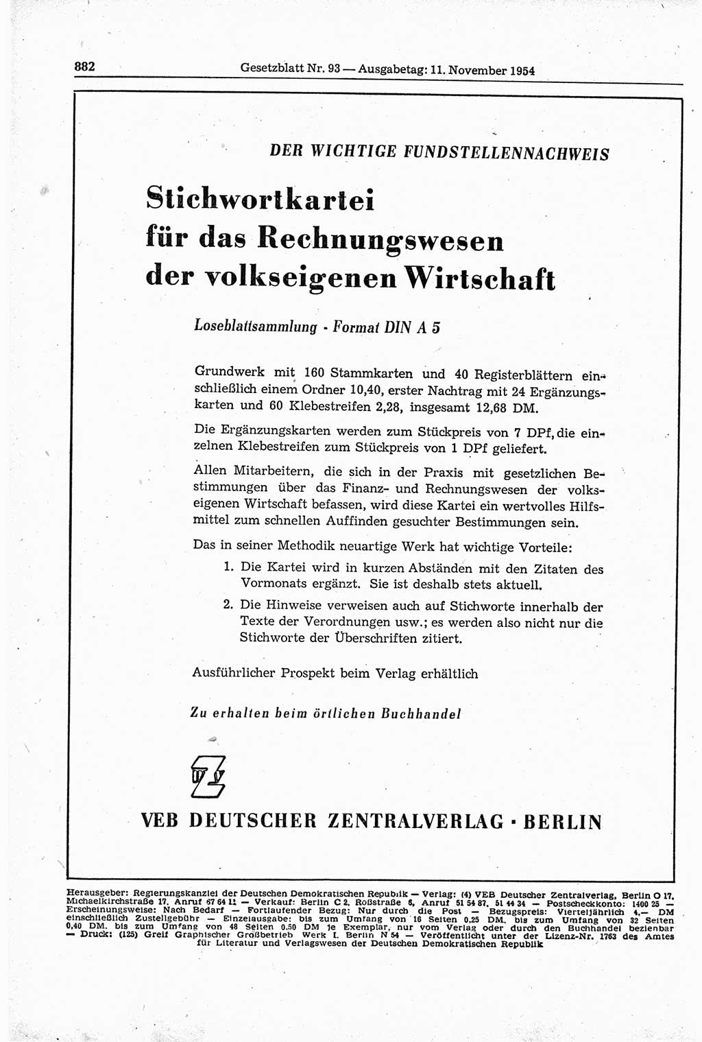 Gesetzblatt (GBl.) der Deutschen Demokratischen Republik (DDR) 1954, Seite 882 (GBl. DDR 1954, S. 882)