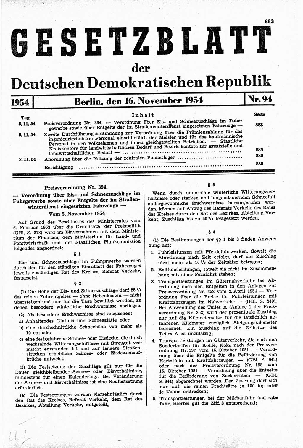 Gesetzblatt (GBl.) der Deutschen Demokratischen Republik (DDR) 1954, Seite 883 (GBl. DDR 1954, S. 883)