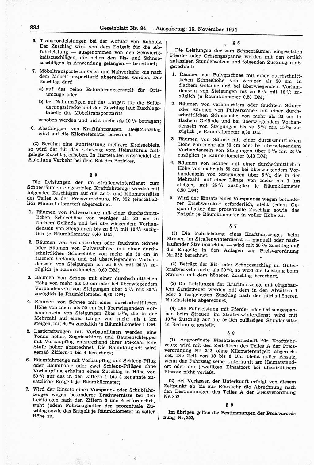 Gesetzblatt (GBl.) der Deutschen Demokratischen Republik (DDR) 1954, Seite 884 (GBl. DDR 1954, S. 884)