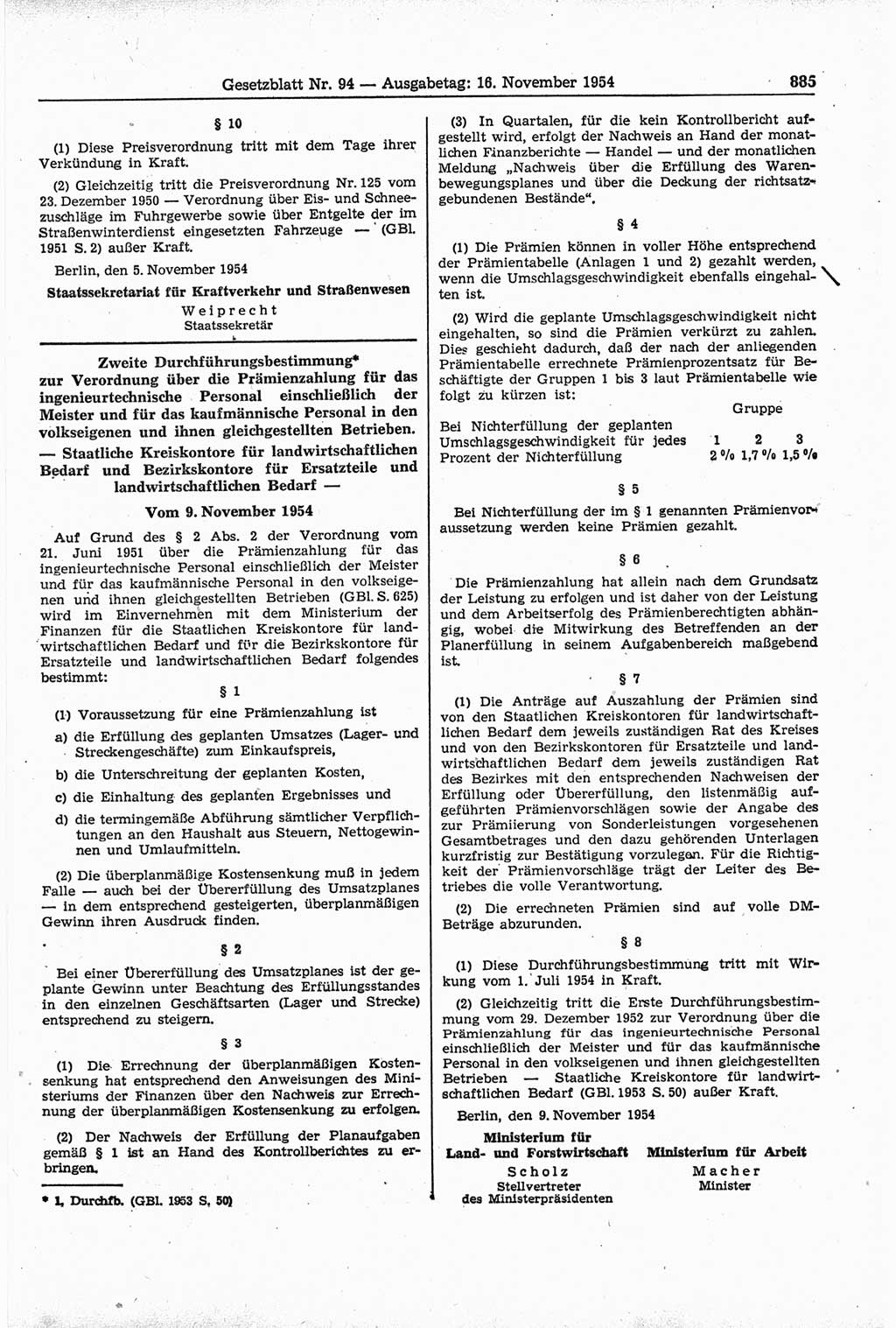 Gesetzblatt (GBl.) der Deutschen Demokratischen Republik (DDR) 1954, Seite 885 (GBl. DDR 1954, S. 885)