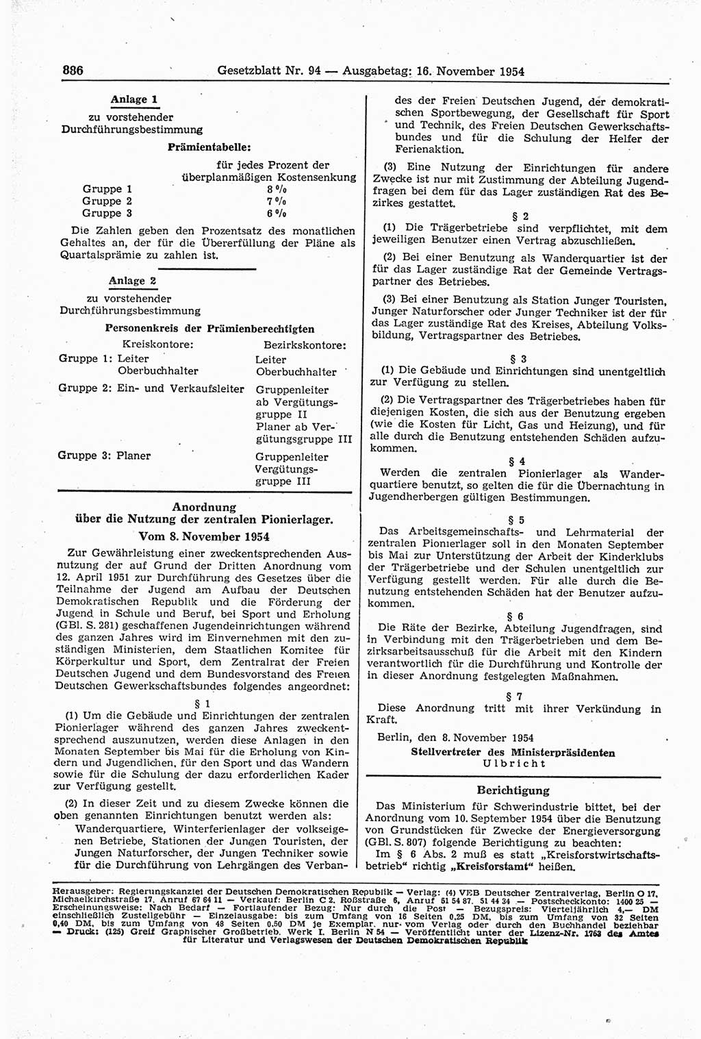 Gesetzblatt (GBl.) der Deutschen Demokratischen Republik (DDR) 1954, Seite 886 (GBl. DDR 1954, S. 886)