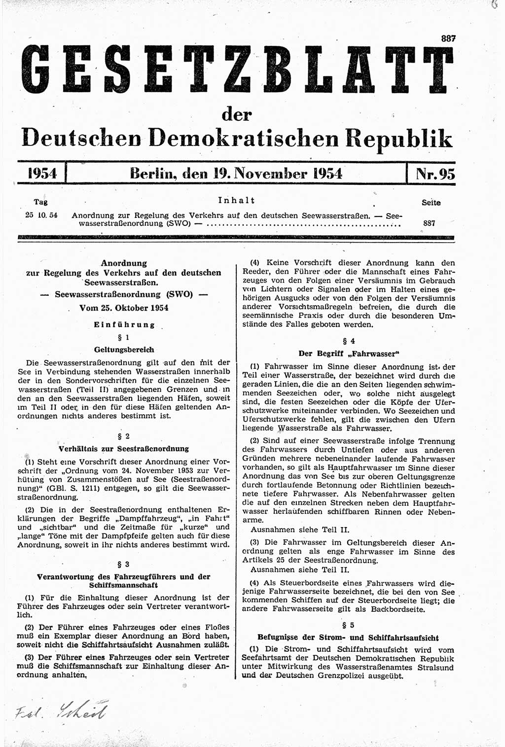 Gesetzblatt (GBl.) der Deutschen Demokratischen Republik (DDR) 1954, Seite 887 (GBl. DDR 1954, S. 887)