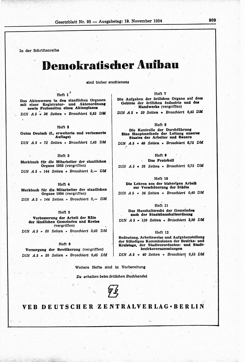 Gesetzblatt (GBl.) der Deutschen Demokratischen Republik (DDR) 1954, Seite 909 (GBl. DDR 1954, S. 909)