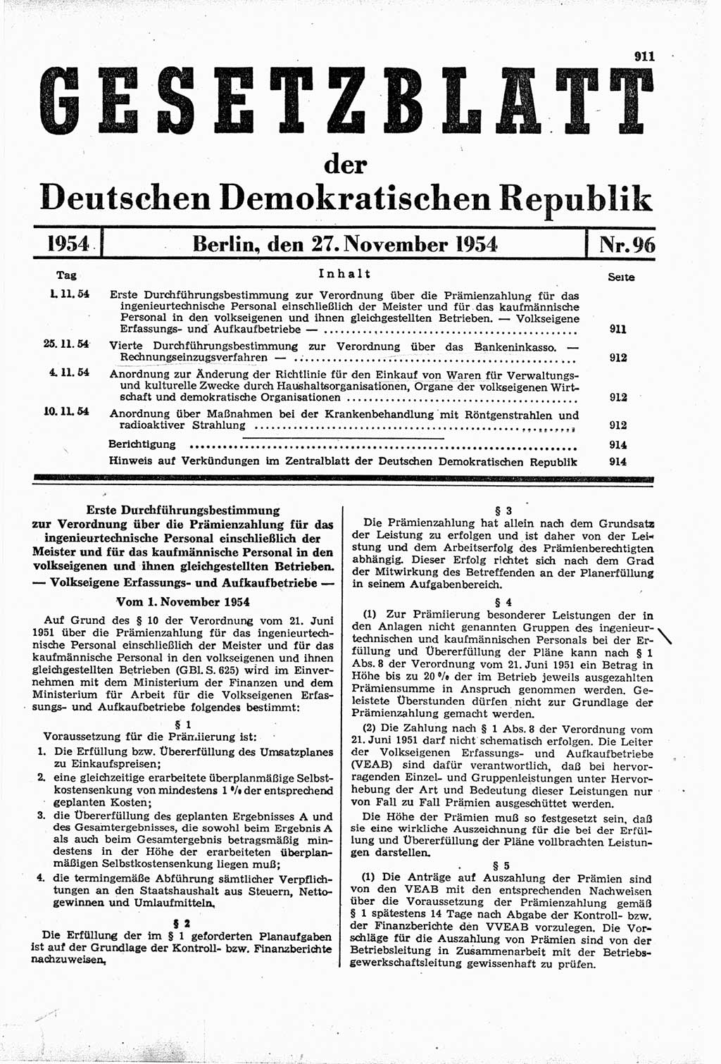 Gesetzblatt (GBl.) der Deutschen Demokratischen Republik (DDR) 1954, Seite 911 (GBl. DDR 1954, S. 911)