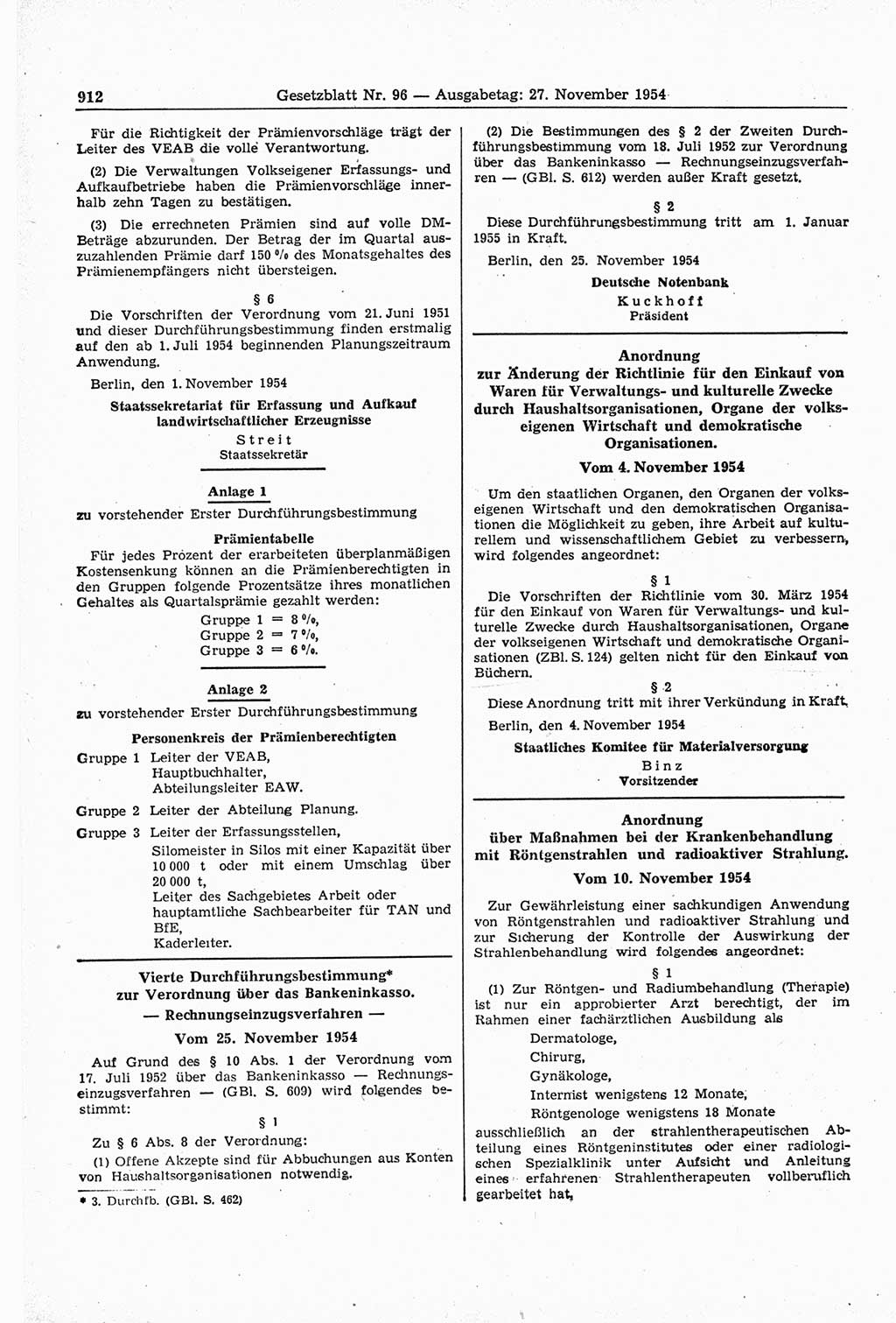 Gesetzblatt (GBl.) der Deutschen Demokratischen Republik (DDR) 1954, Seite 912 (GBl. DDR 1954, S. 912)
