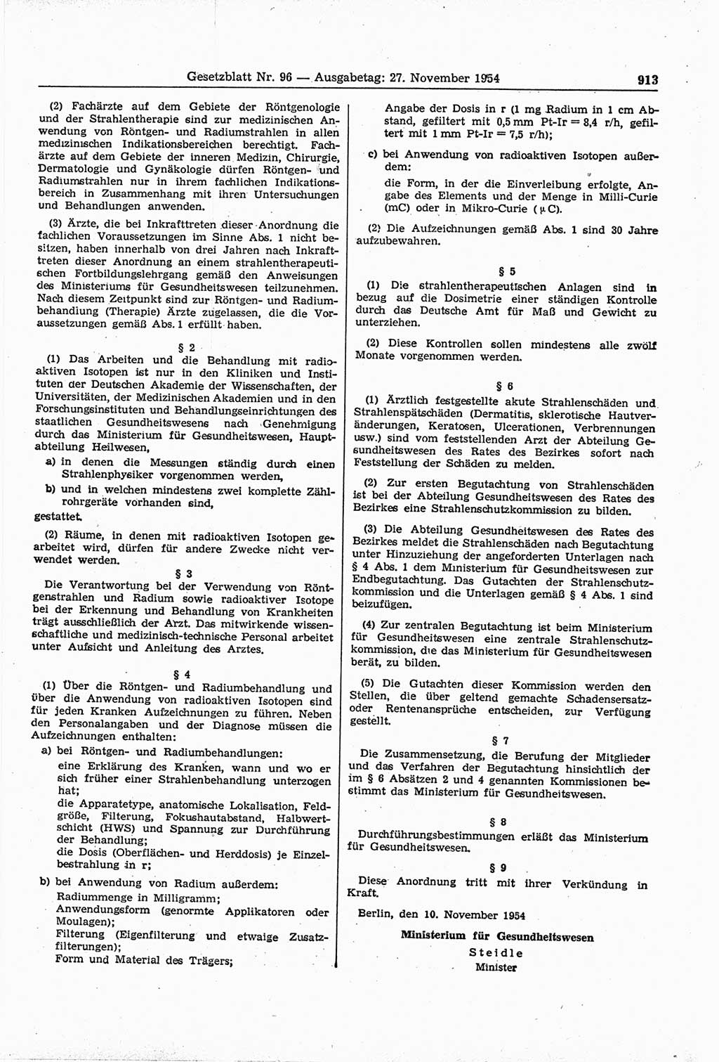 Gesetzblatt (GBl.) der Deutschen Demokratischen Republik (DDR) 1954, Seite 913 (GBl. DDR 1954, S. 913)