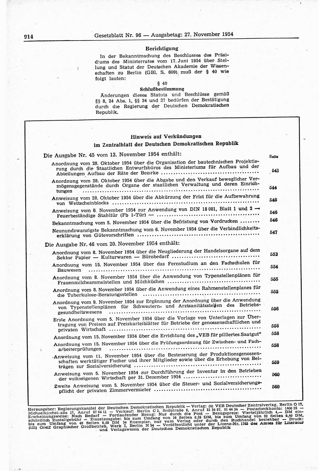 Gesetzblatt (GBl.) der Deutschen Demokratischen Republik (DDR) 1954, Seite 914 (GBl. DDR 1954, S. 914)