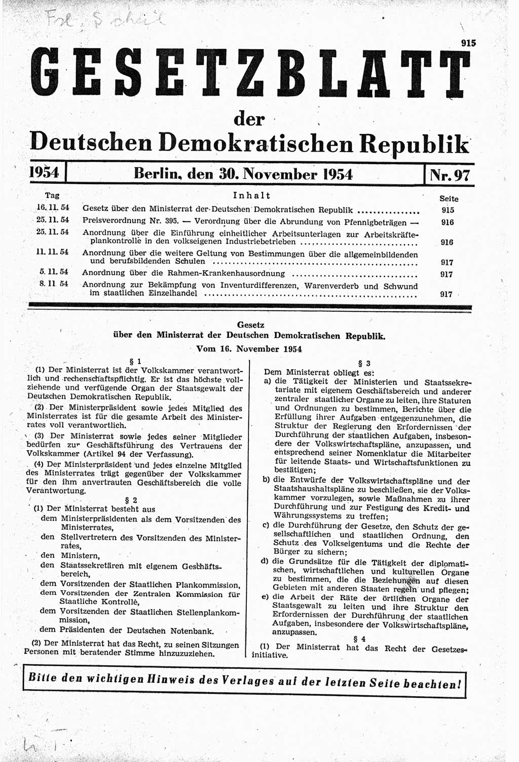 Gesetzblatt (GBl.) der Deutschen Demokratischen Republik (DDR) 1954, Seite 915 (GBl. DDR 1954, S. 915)