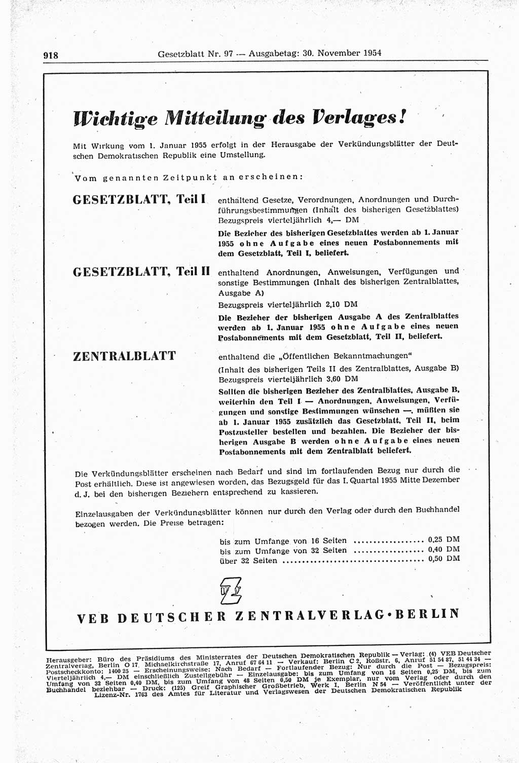 Gesetzblatt (GBl.) der Deutschen Demokratischen Republik (DDR) 1954, Seite 918 (GBl. DDR 1954, S. 918)