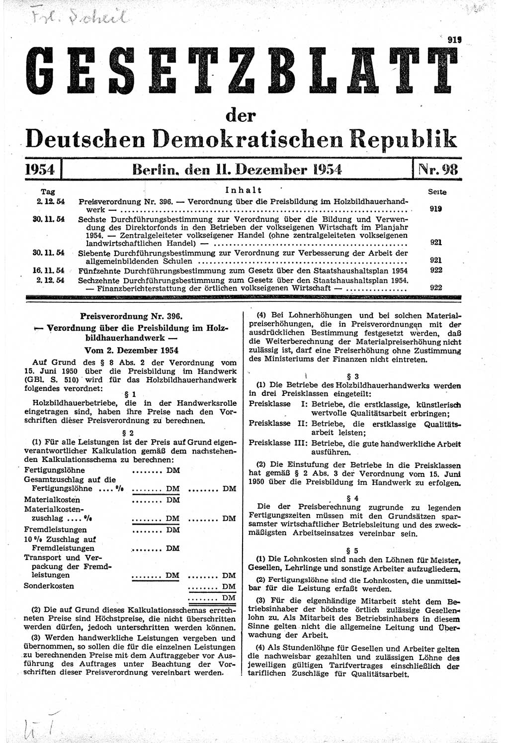 Gesetzblatt (GBl.) der Deutschen Demokratischen Republik (DDR) 1954, Seite 919 (GBl. DDR 1954, S. 919)
