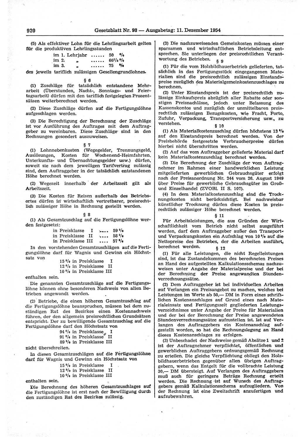 Gesetzblatt (GBl.) der Deutschen Demokratischen Republik (DDR) 1954, Seite 920 (GBl. DDR 1954, S. 920)