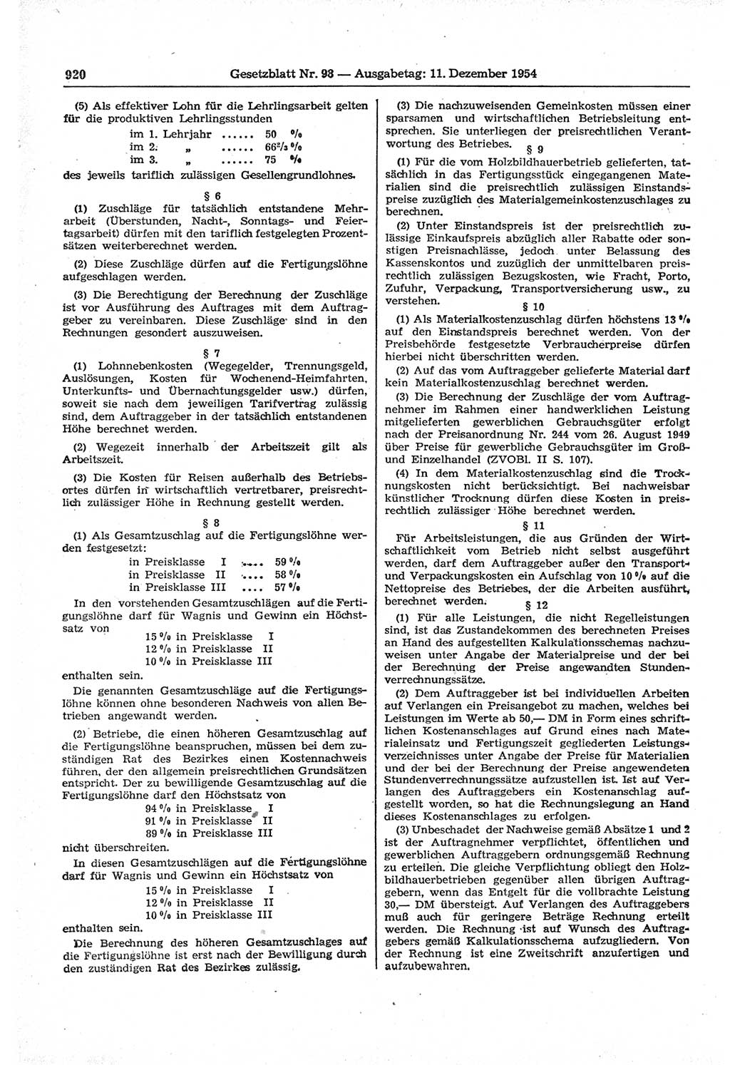 Gesetzblatt (GBl.) der Deutschen Demokratischen Republik (DDR) 1954, Seite 920 (GBl. DDR 1954, S. 920)