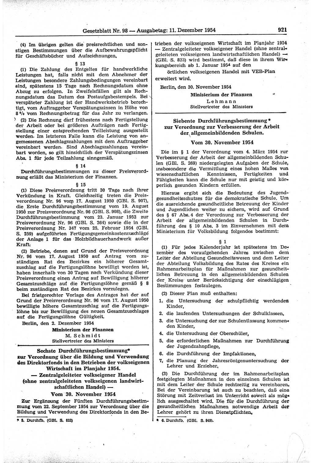 Gesetzblatt (GBl.) der Deutschen Demokratischen Republik (DDR) 1954, Seite 921 (GBl. DDR 1954, S. 921)