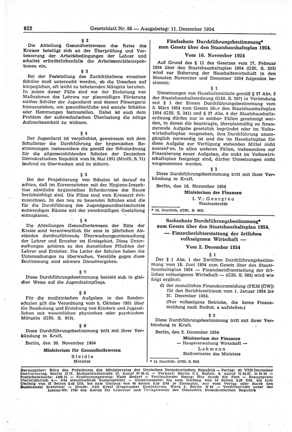 Gesetzblatt (GBl.) der Deutschen Demokratischen Republik (DDR) 1954, Seite 922 (GBl. DDR 1954, S. 922)