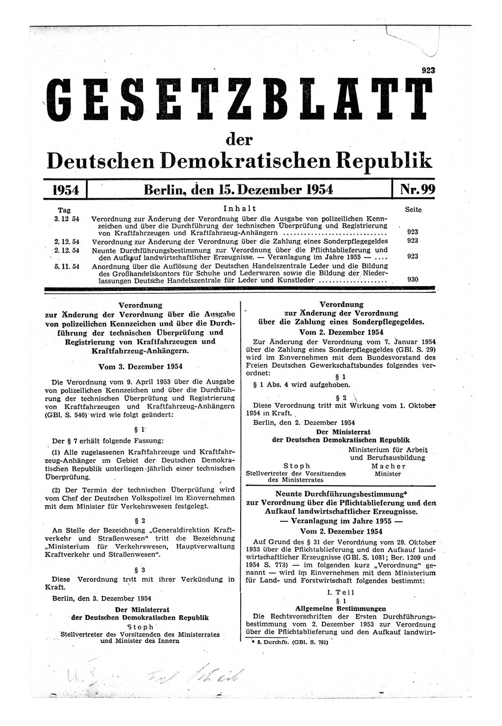 Gesetzblatt (GBl.) der Deutschen Demokratischen Republik (DDR) 1954, Seite 923 (GBl. DDR 1954, S. 923)