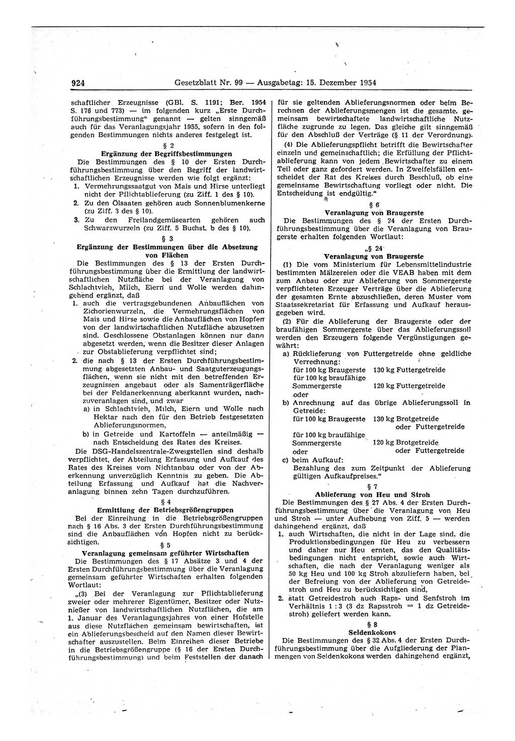 Gesetzblatt (GBl.) der Deutschen Demokratischen Republik (DDR) 1954, Seite 924 (GBl. DDR 1954, S. 924)