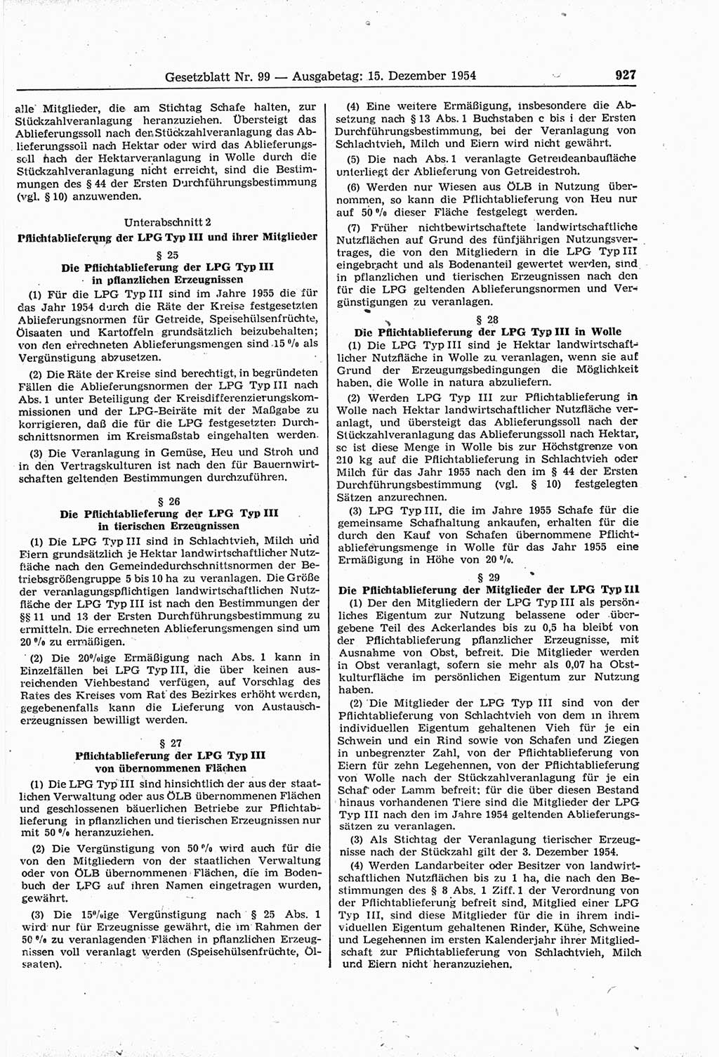 Gesetzblatt (GBl.) der Deutschen Demokratischen Republik (DDR) 1954, Seite 927 (GBl. DDR 1954, S. 927)