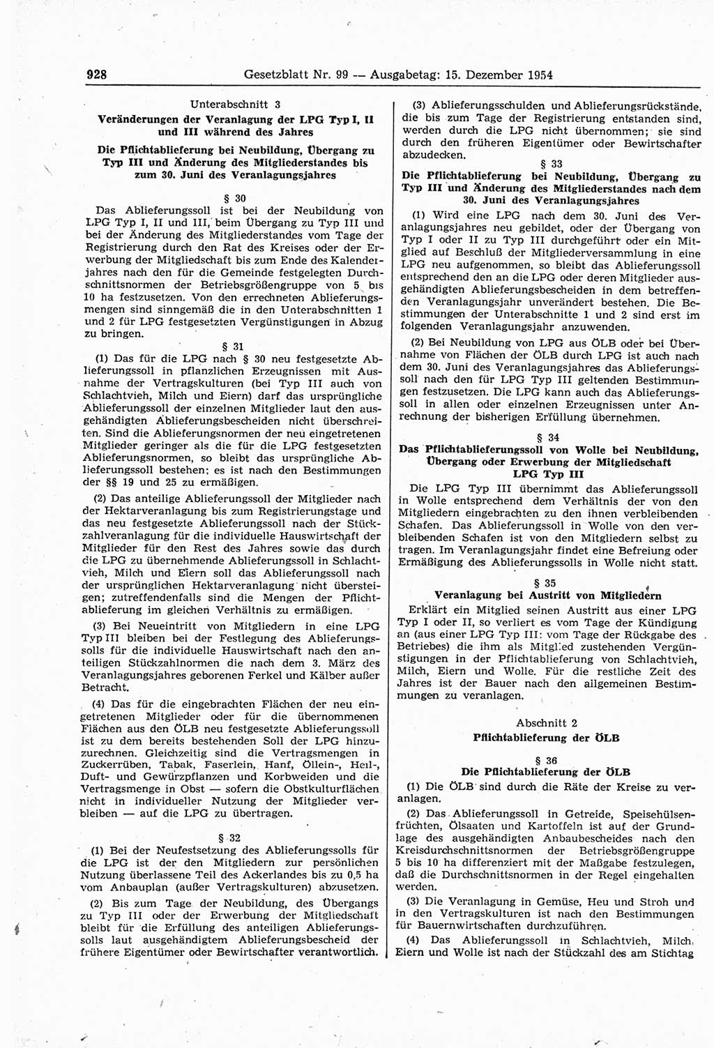 Gesetzblatt (GBl.) der Deutschen Demokratischen Republik (DDR) 1954, Seite 928 (GBl. DDR 1954, S. 928)