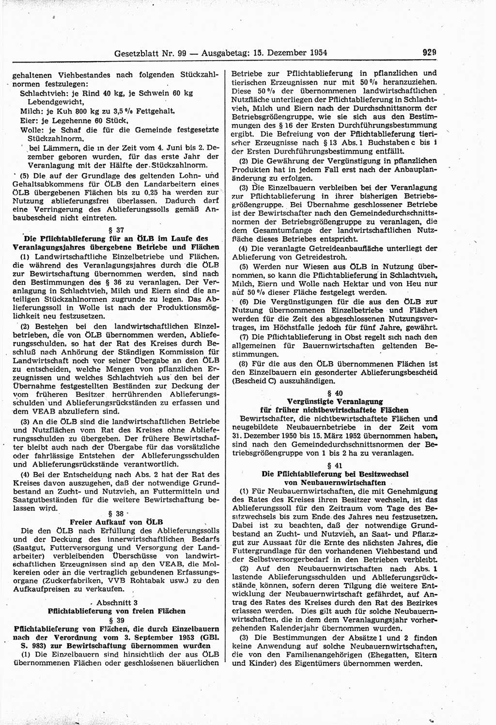 Gesetzblatt (GBl.) der Deutschen Demokratischen Republik (DDR) 1954, Seite 929 (GBl. DDR 1954, S. 929)