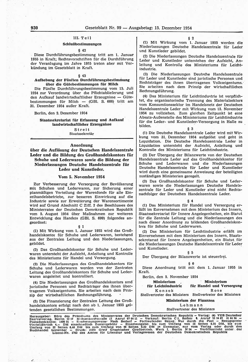 Gesetzblatt (GBl.) der Deutschen Demokratischen Republik (DDR) 1954, Seite 930 (GBl. DDR 1954, S. 930)