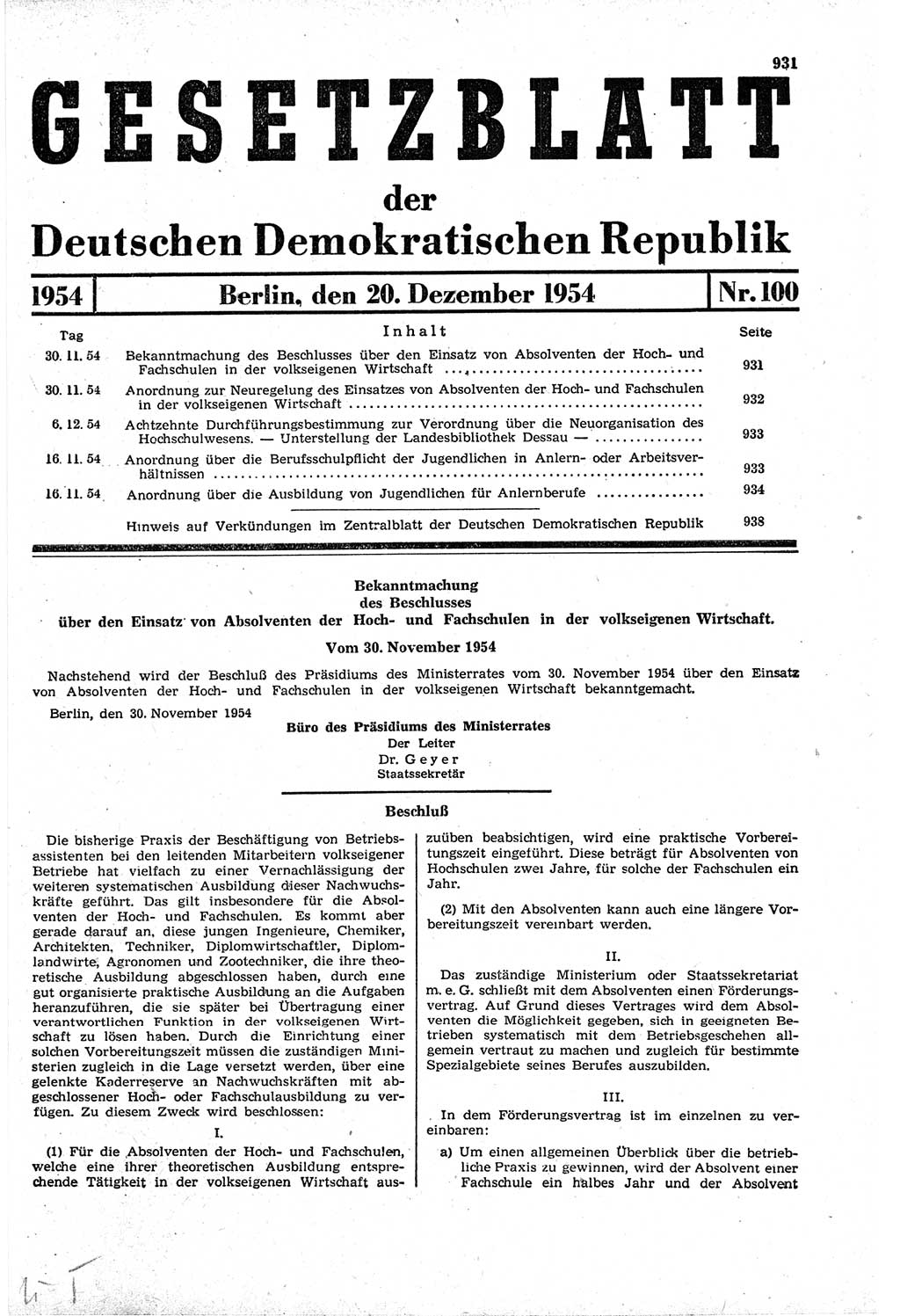 Gesetzblatt (GBl.) der Deutschen Demokratischen Republik (DDR) 1954, Seite 931 (GBl. DDR 1954, S. 931)