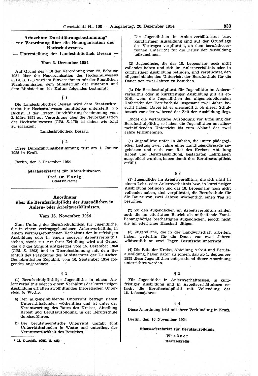 Gesetzblatt (GBl.) der Deutschen Demokratischen Republik (DDR) 1954, Seite 933 (GBl. DDR 1954, S. 933)