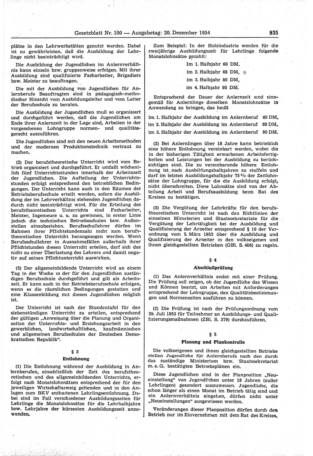 Gesetzblatt (GBl.) der Deutschen Demokratischen Republik (DDR) 1954, Seite 935 (GBl. DDR 1954, S. 935)