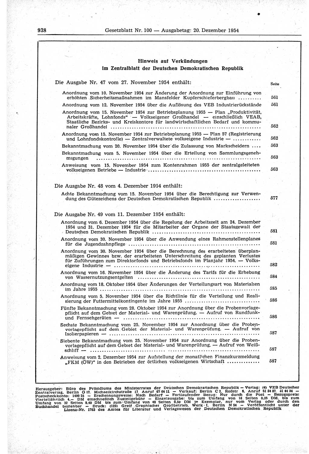Gesetzblatt (GBl.) der Deutschen Demokratischen Republik (DDR) 1954, Seite 938 (GBl. DDR 1954, S. 938)