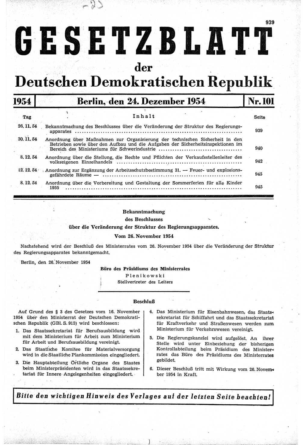 Gesetzblatt (GBl.) der Deutschen Demokratischen Republik (DDR) 1954, Seite 939 (GBl. DDR 1954, S. 939)
