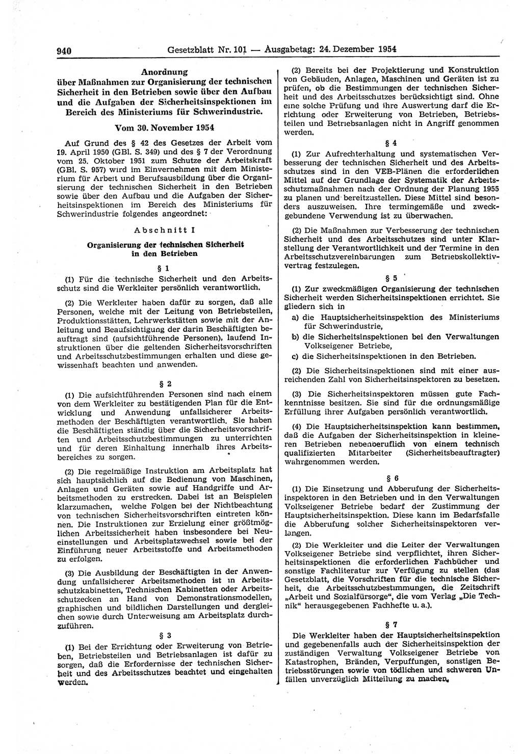 Gesetzblatt (GBl.) der Deutschen Demokratischen Republik (DDR) 1954, Seite 940 (GBl. DDR 1954, S. 940)