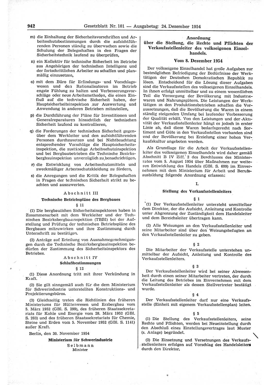 Gesetzblatt (GBl.) der Deutschen Demokratischen Republik (DDR) 1954, Seite 942 (GBl. DDR 1954, S. 942)