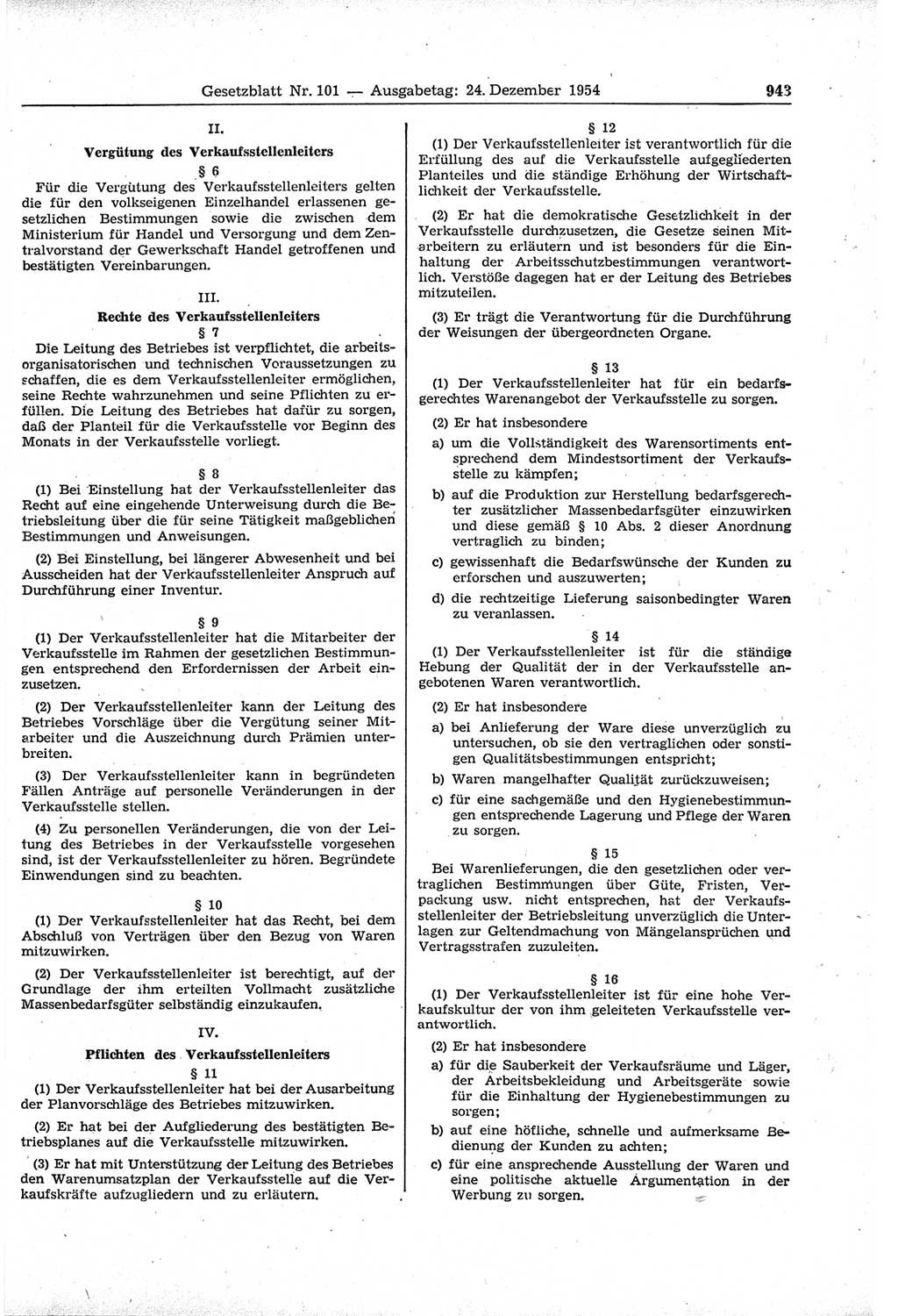 Gesetzblatt (GBl.) der Deutschen Demokratischen Republik (DDR) 1954, Seite 943 (GBl. DDR 1954, S. 943)