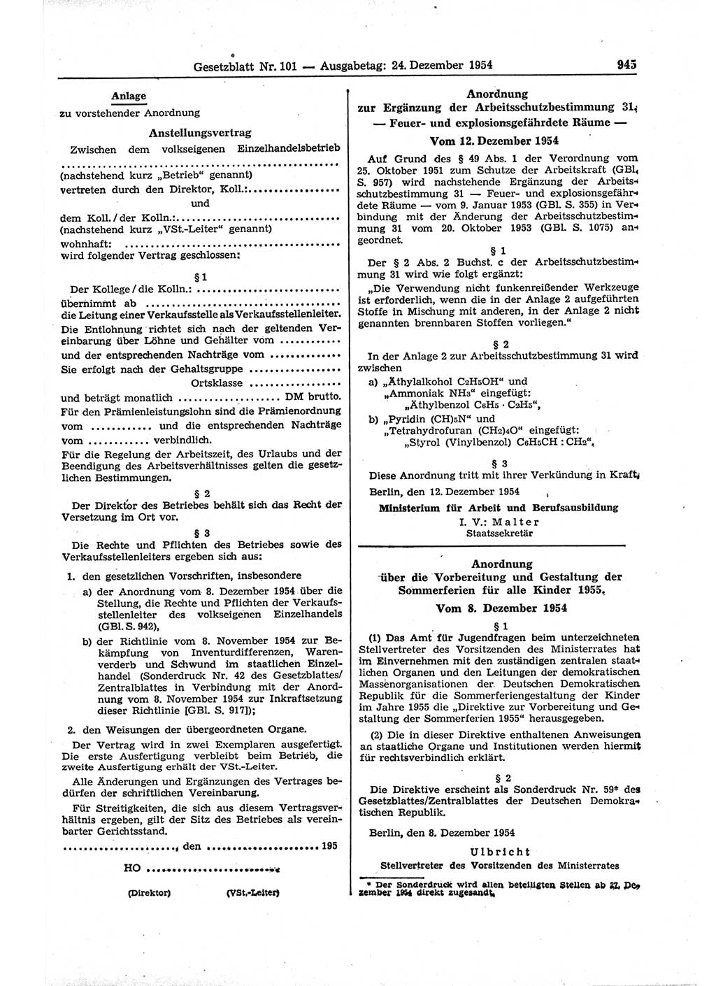 Gesetzblatt (GBl.) der Deutschen Demokratischen Republik (DDR) 1954, Seite 945 (GBl. DDR 1954, S. 945)