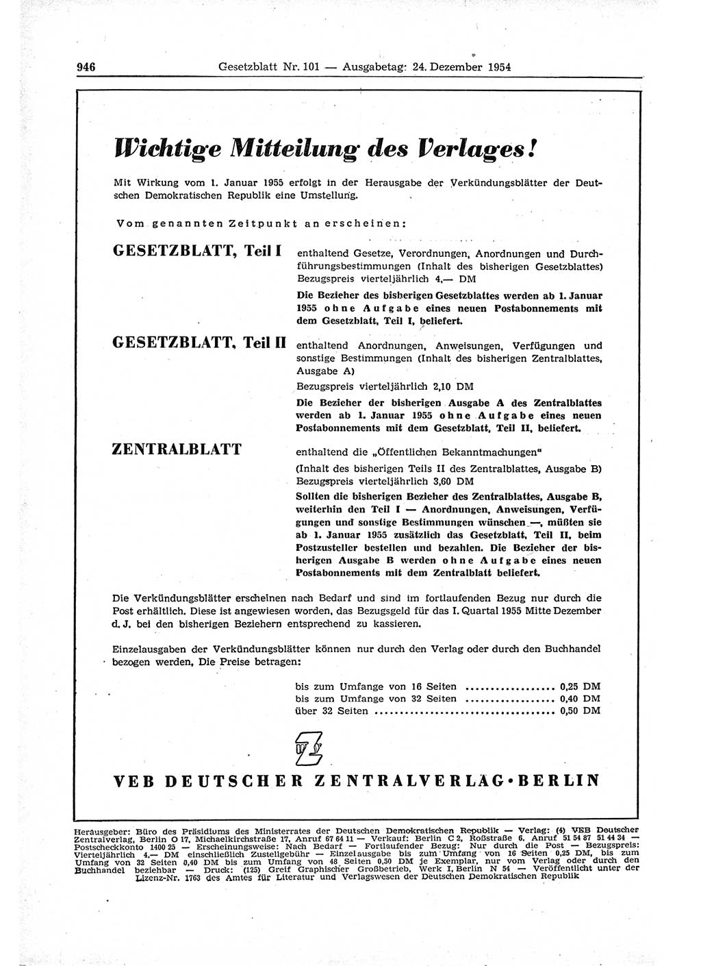 Gesetzblatt (GBl.) der Deutschen Demokratischen Republik (DDR) 1954, Seite 946 (GBl. DDR 1954, S. 946)