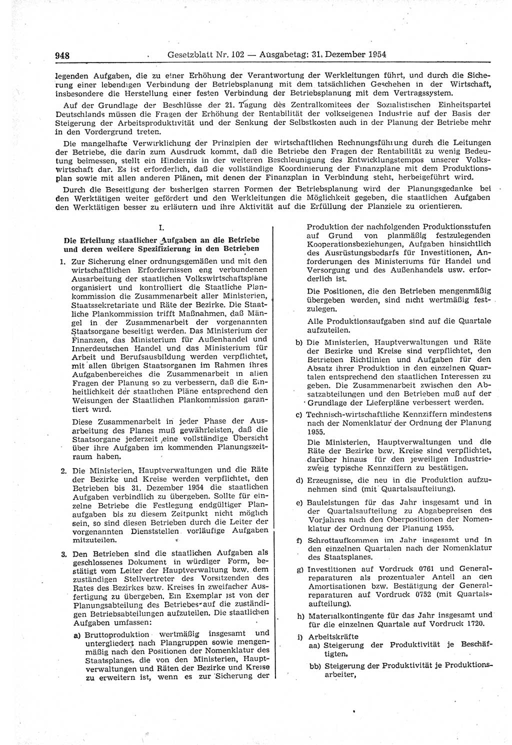 Gesetzblatt (GBl.) der Deutschen Demokratischen Republik (DDR) 1954, Seite 948 (GBl. DDR 1954, S. 948)
