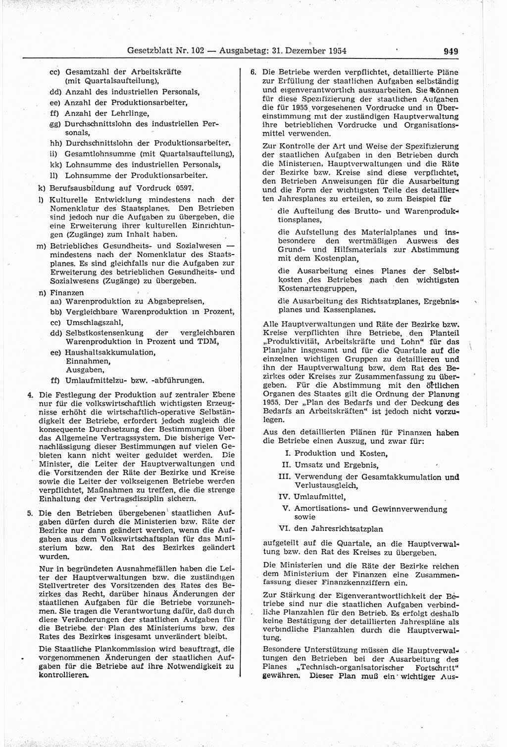 Gesetzblatt (GBl.) der Deutschen Demokratischen Republik (DDR) 1954, Seite 949 (GBl. DDR 1954, S. 949)