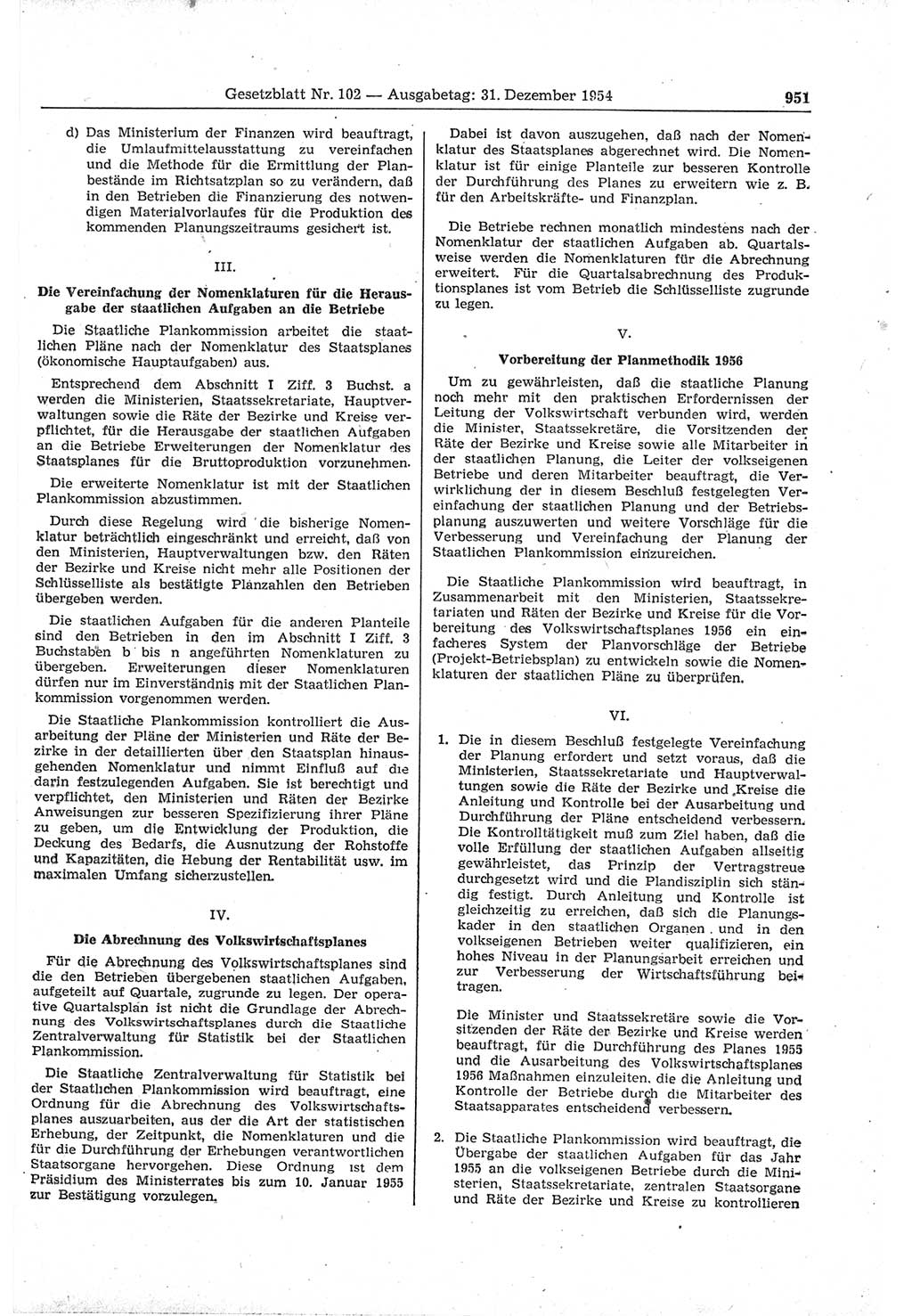 Gesetzblatt (GBl.) der Deutschen Demokratischen Republik (DDR) 1954, Seite 951 (GBl. DDR 1954, S. 951)