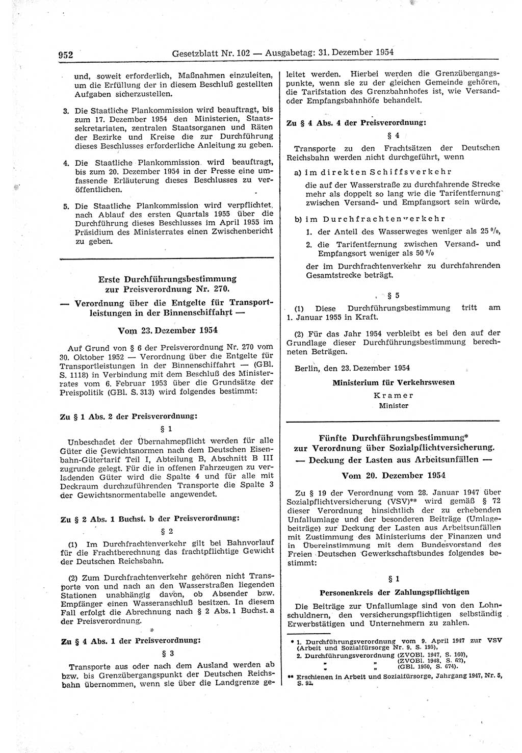 Gesetzblatt (GBl.) der Deutschen Demokratischen Republik (DDR) 1954, Seite 952 (GBl. DDR 1954, S. 952)
