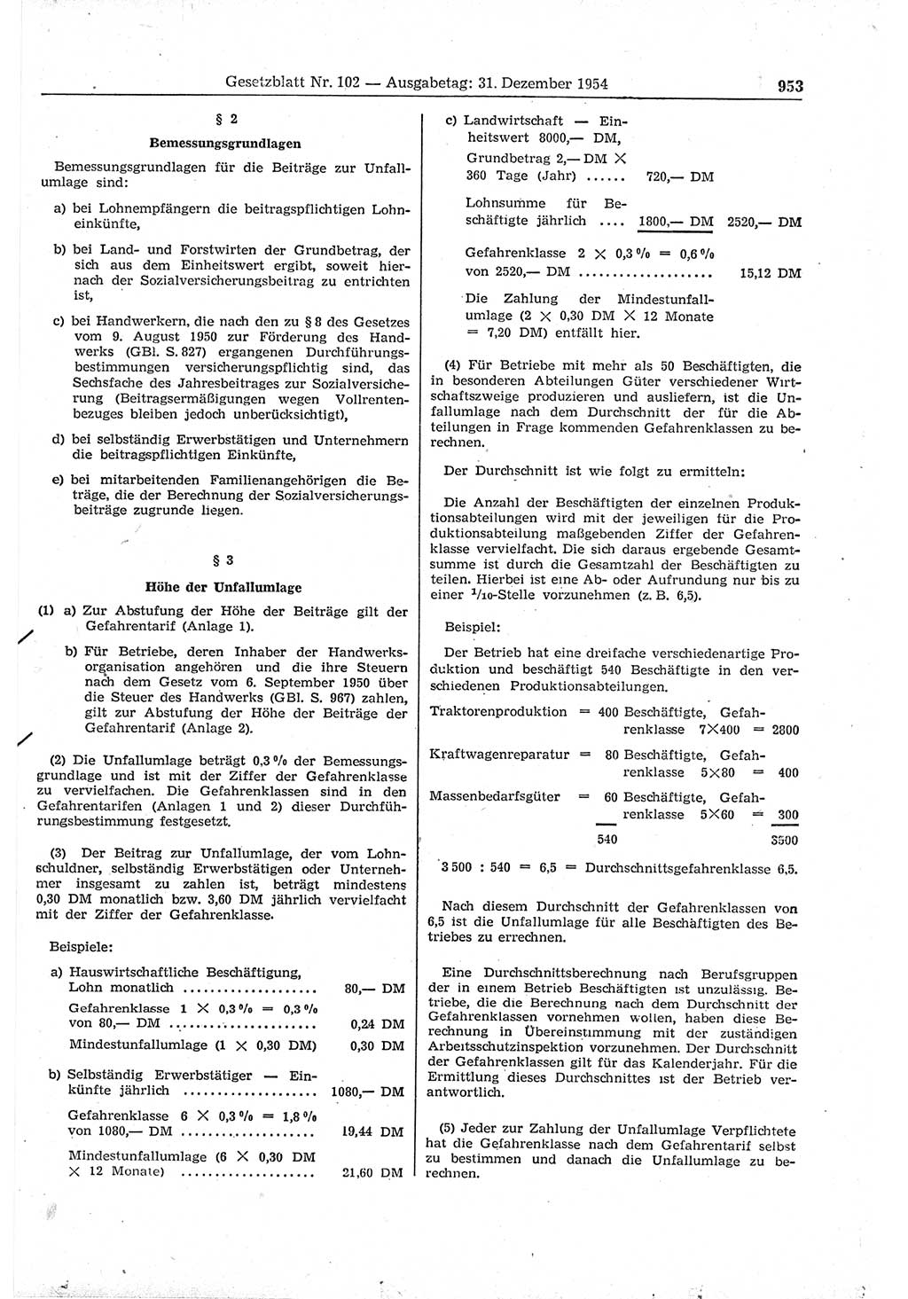 Gesetzblatt (GBl.) der Deutschen Demokratischen Republik (DDR) 1954, Seite 953 (GBl. DDR 1954, S. 953)