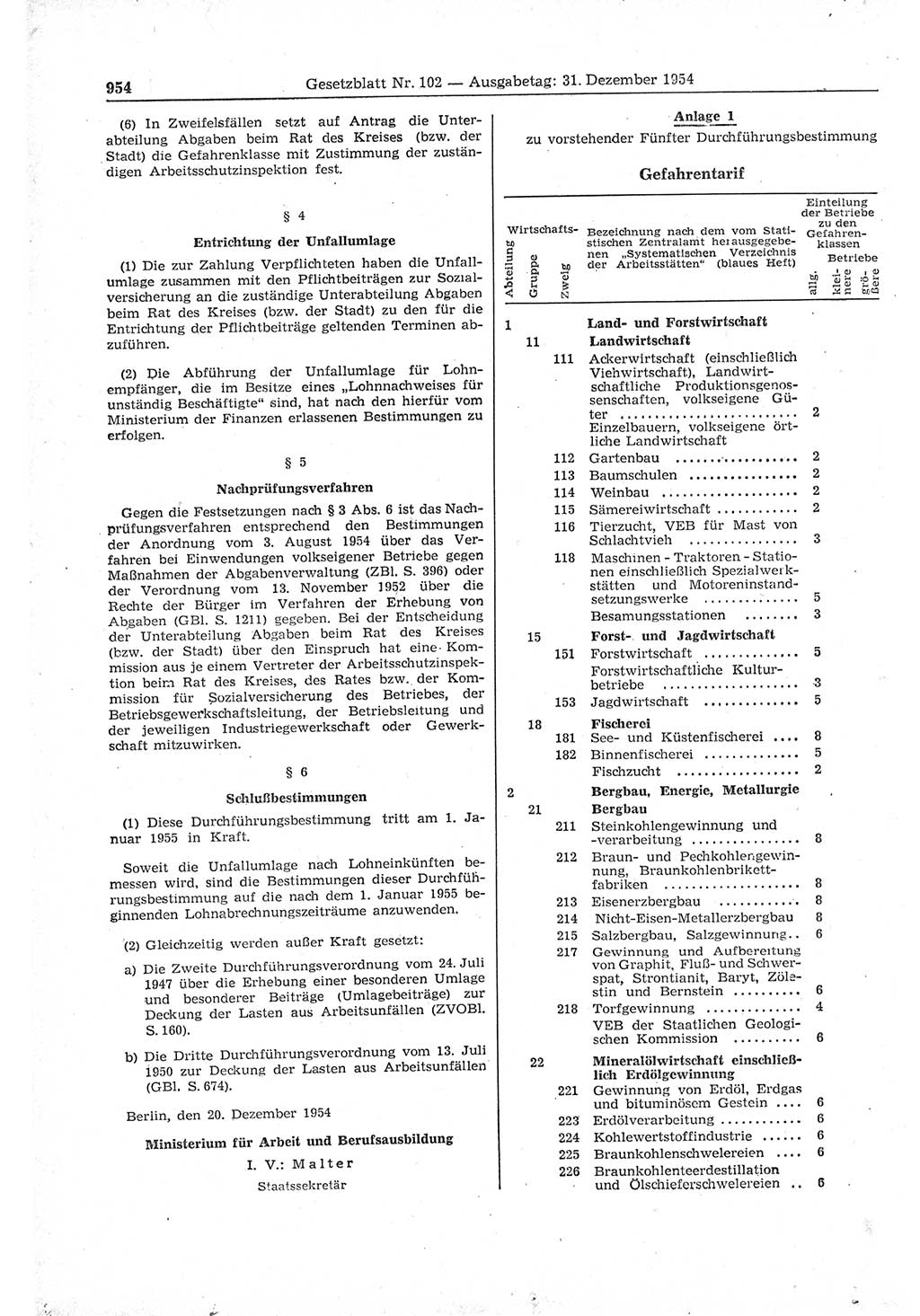 Gesetzblatt (GBl.) der Deutschen Demokratischen Republik (DDR) 1954, Seite 954 (GBl. DDR 1954, S. 954)