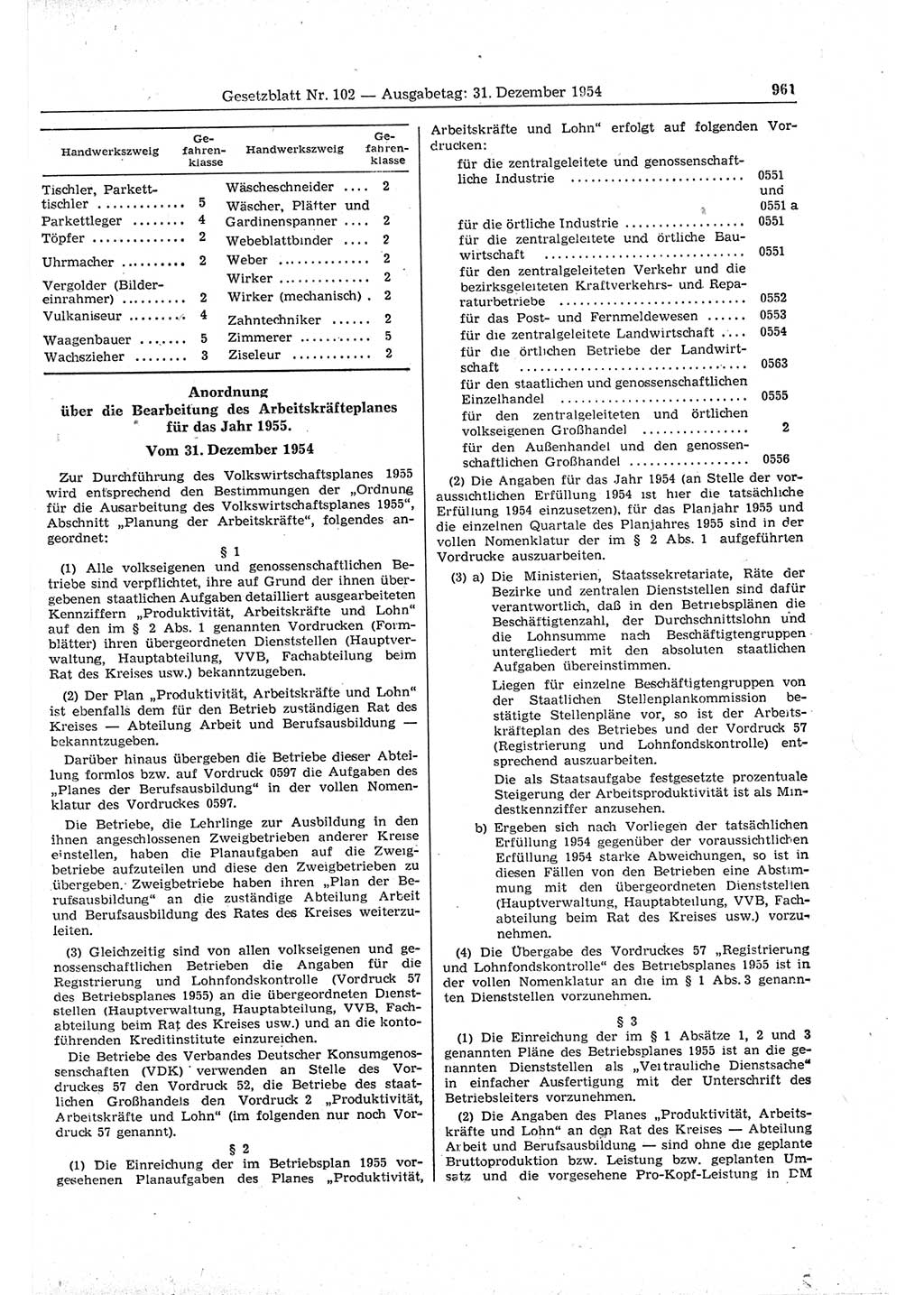 Gesetzblatt (GBl.) der Deutschen Demokratischen Republik (DDR) 1954, Seite 961 (GBl. DDR 1954, S. 961)