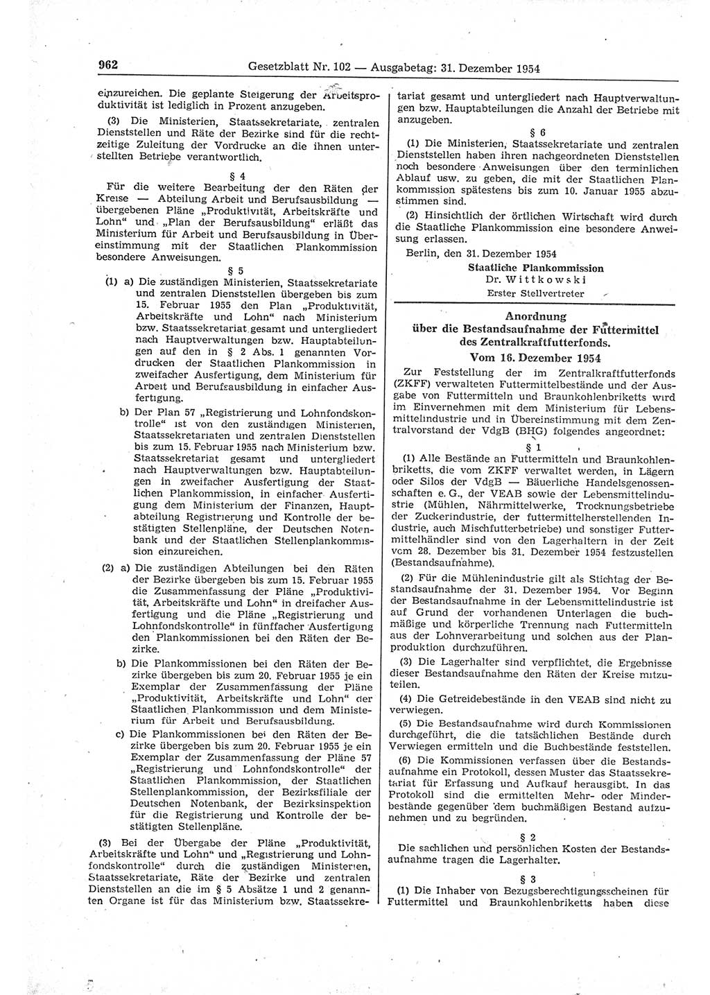 Gesetzblatt (GBl.) der Deutschen Demokratischen Republik (DDR) 1954, Seite 962 (GBl. DDR 1954, S. 962)