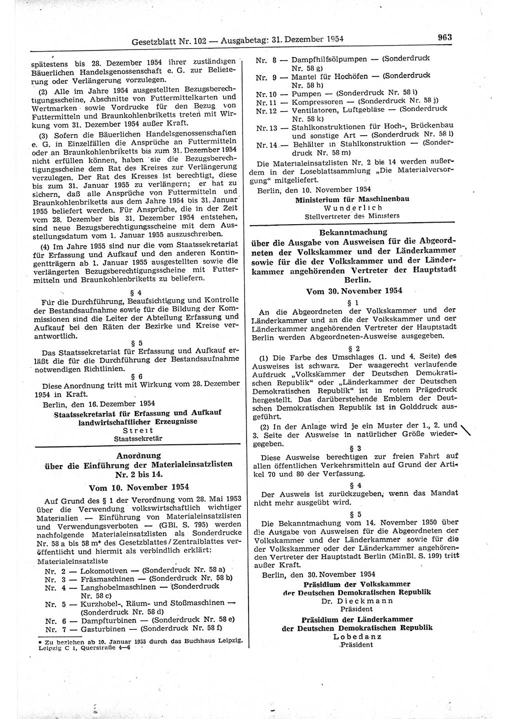 Gesetzblatt (GBl.) der Deutschen Demokratischen Republik (DDR) 1954, Seite 963 (GBl. DDR 1954, S. 963)