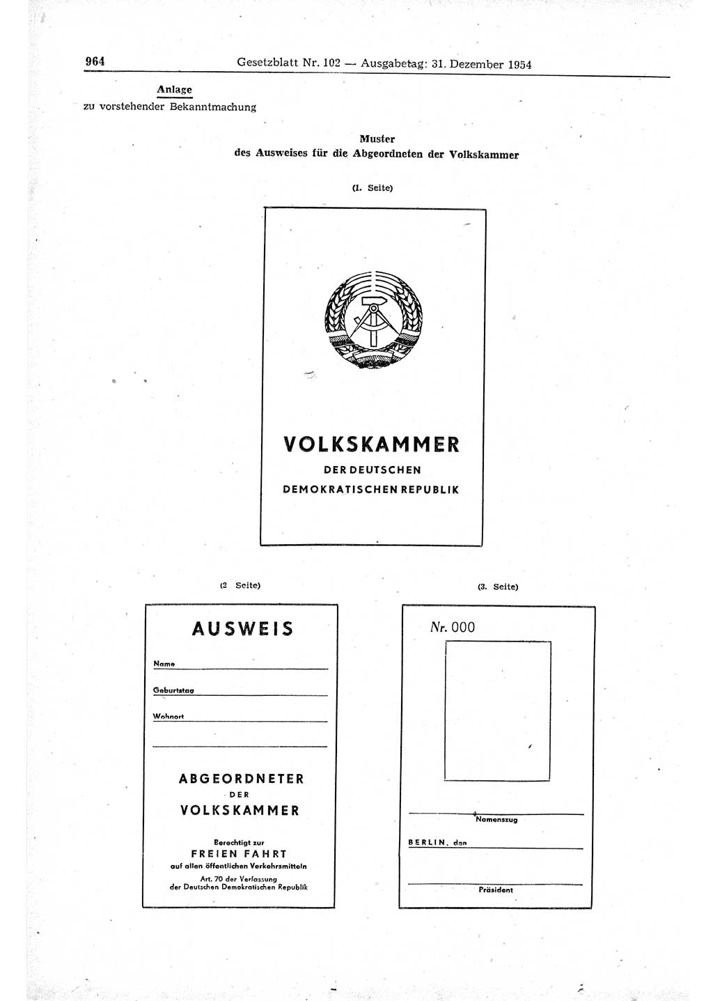 Gesetzblatt (GBl.) der Deutschen Demokratischen Republik (DDR) 1954, Seite 964 (GBl. DDR 1954, S. 964)