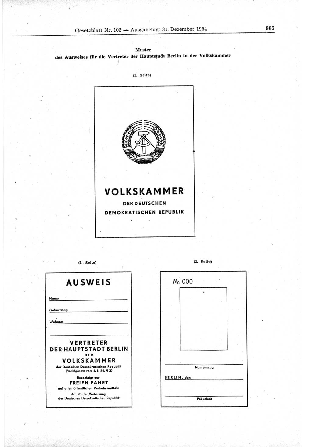 Gesetzblatt (GBl.) der Deutschen Demokratischen Republik (DDR) 1954, Seite 965 (GBl. DDR 1954, S. 965)