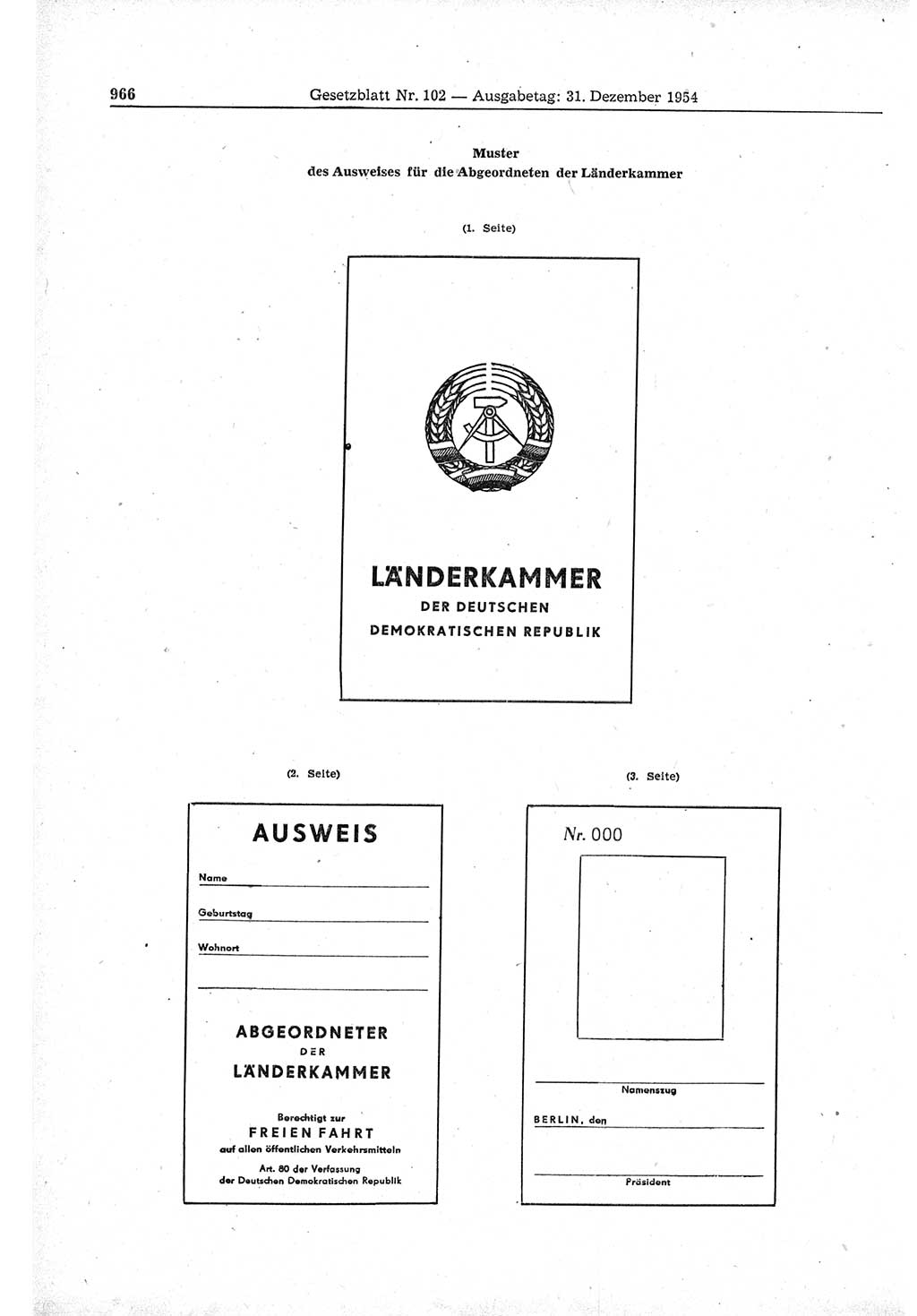 Gesetzblatt (GBl.) der Deutschen Demokratischen Republik (DDR) 1954, Seite 966 (GBl. DDR 1954, S. 966)