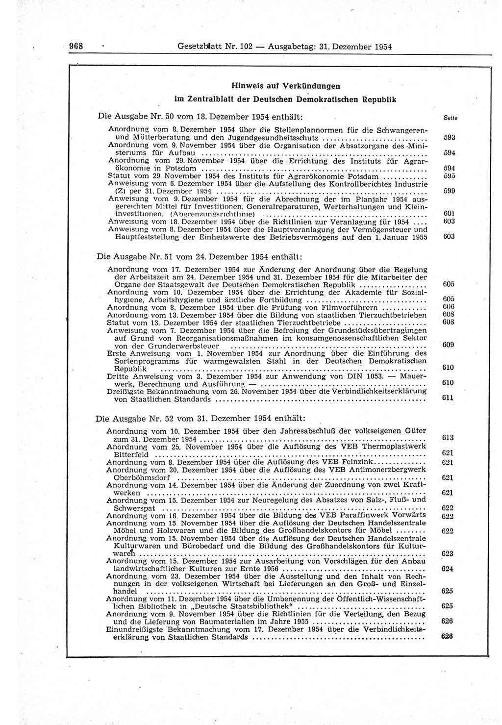 Gesetzblatt (GBl.) der Deutschen Demokratischen Republik (DDR) 1954, Seite 968 (GBl. DDR 1954, S. 968)