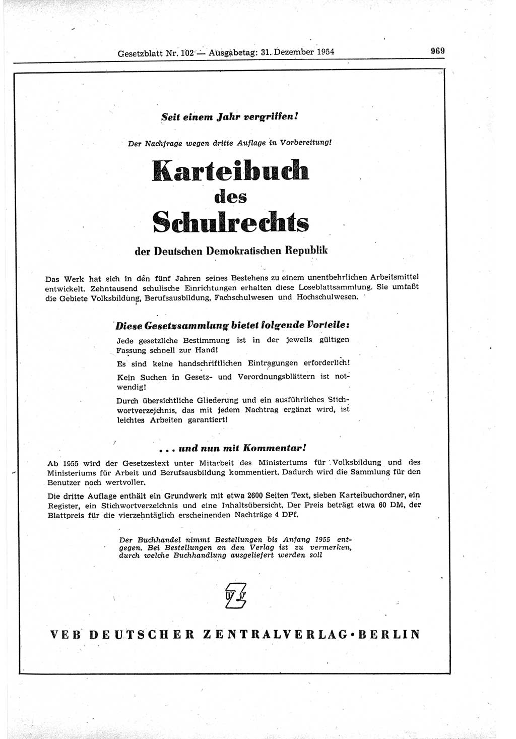 Gesetzblatt (GBl.) der Deutschen Demokratischen Republik (DDR) 1954, Seite 969 (GBl. DDR 1954, S. 969)